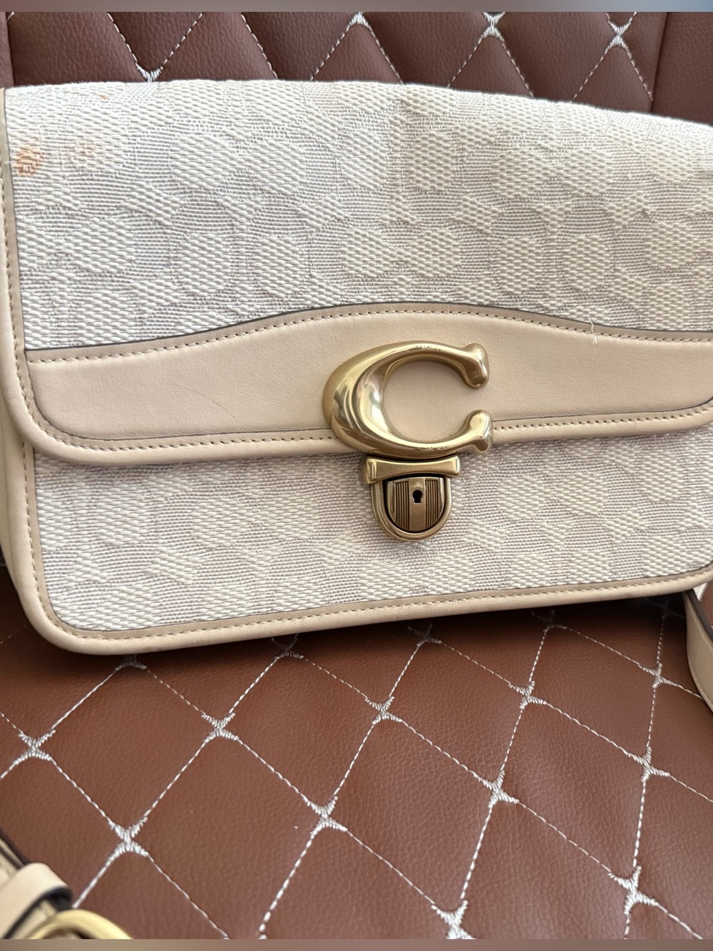 Coach Cream & Gold Signature studio tabby Turnlock Crossbody